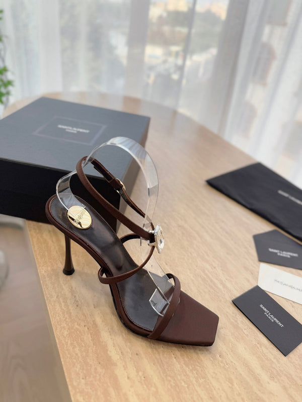 SANDALO TACCO ALTO 10 CM IN CREPE DI RASO MARRONE CIOCCOLATO E CRISTALLI