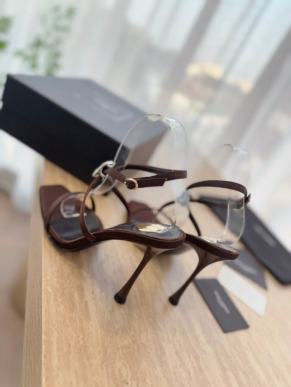 SANDALO TACCO ALTO 10 CM IN CREPE DI RASO MARRONE CIOCCOLATO E CRISTALLI