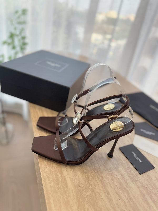 SANDALO TACCO ALTO 10 CM IN CREPE DI RASO MARRONE CIOCCOLATO E CRISTALLI