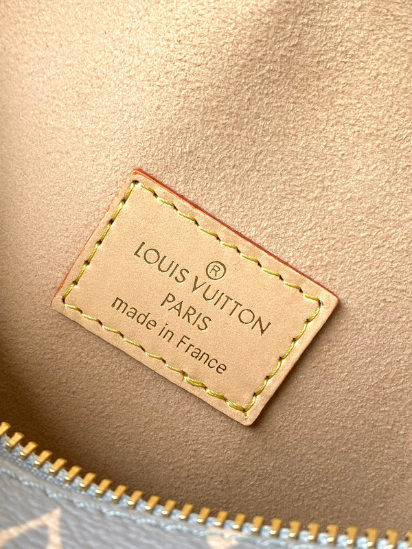 SIDE TRUNK 21 IN GRAY CREAM MONOGRAM TRIANON CANVAS GOLD HARDWARE