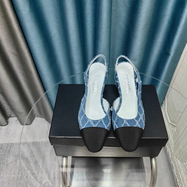 slingback 65 blu denim trapuntato grosgrain nero