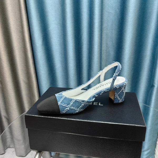 slingback 65 blu denim trapuntato grosgrain nero