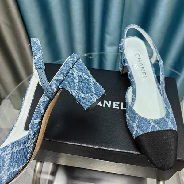 slingback 65 blu denim trapuntato grosgrain nero