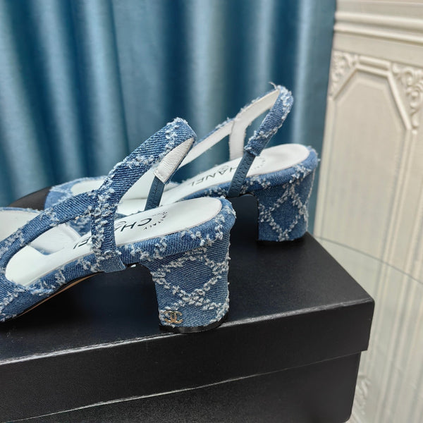 slingback 65 blu denim trapuntato grosgrain nero