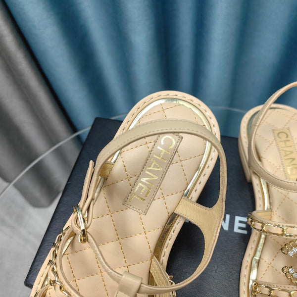 sandal leather strap beige quilted calfskin gold chain