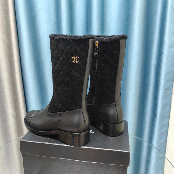 CC Short Boots Black Suede Lining Wool And Lambskin