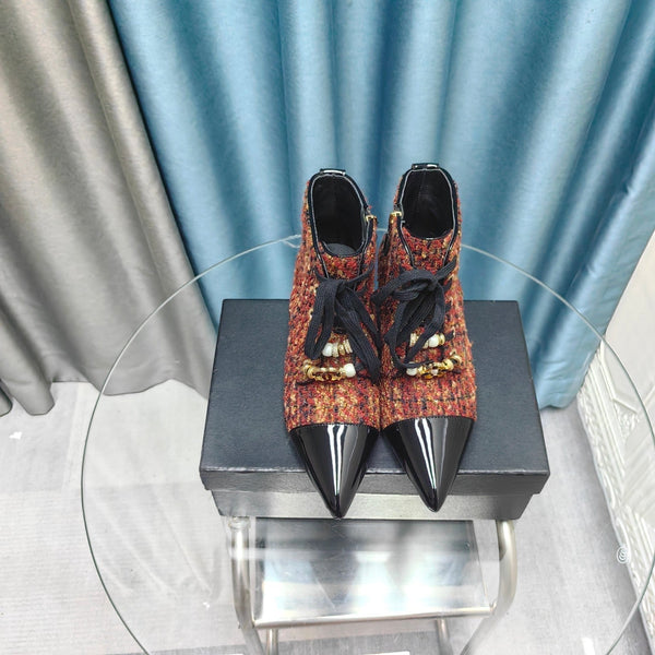 Stivaletti CC in tessuto tweed rosso-arancio e pelle di agnello