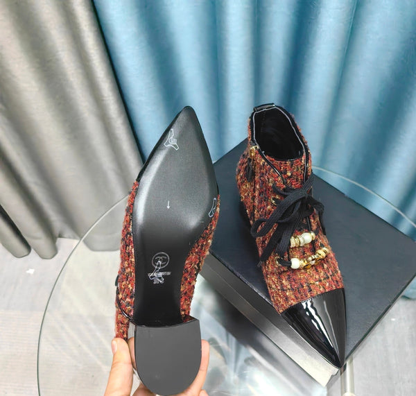 Stivaletti CC in tessuto tweed rosso-arancio e pelle di agnello