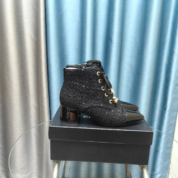 CC Ankle Boots Black Tweed Fabric And Lambskin