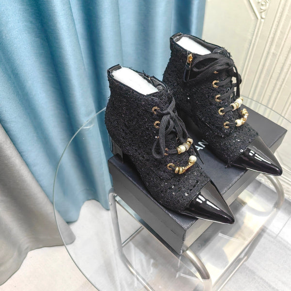 CC Ankle Boots Black Tweed Fabric And Lambskin