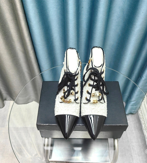 CC Ankle Boots White Tweed Fabric And Lambskin