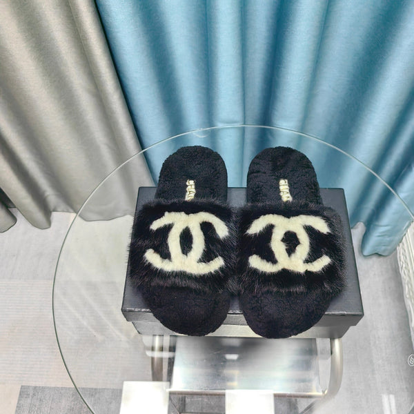 CC Slippers Black White Text Fleece Wool