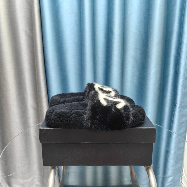 CC Slippers Black White Text Fleece Wool