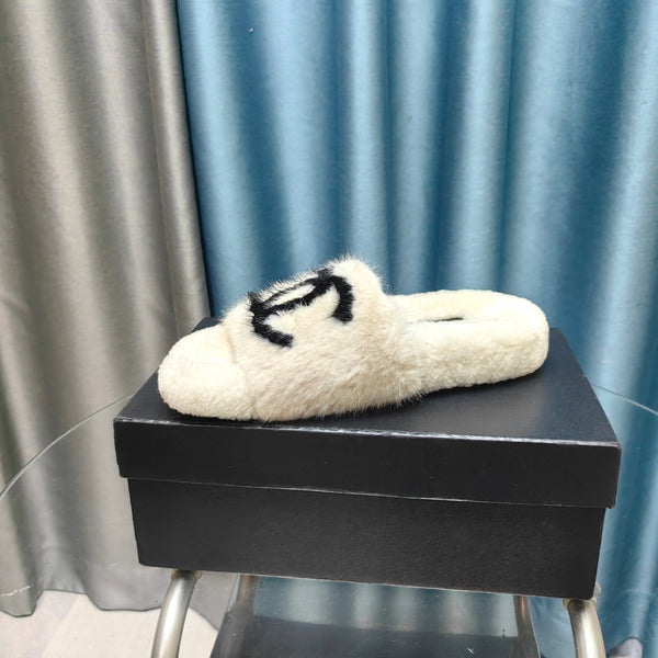 CC Slippers White Black Text Fleece Wool