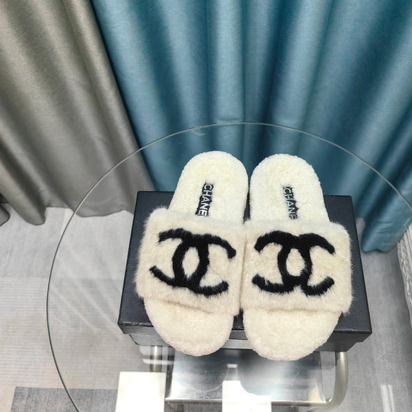 CC Slippers White Black Text Fleece Wool