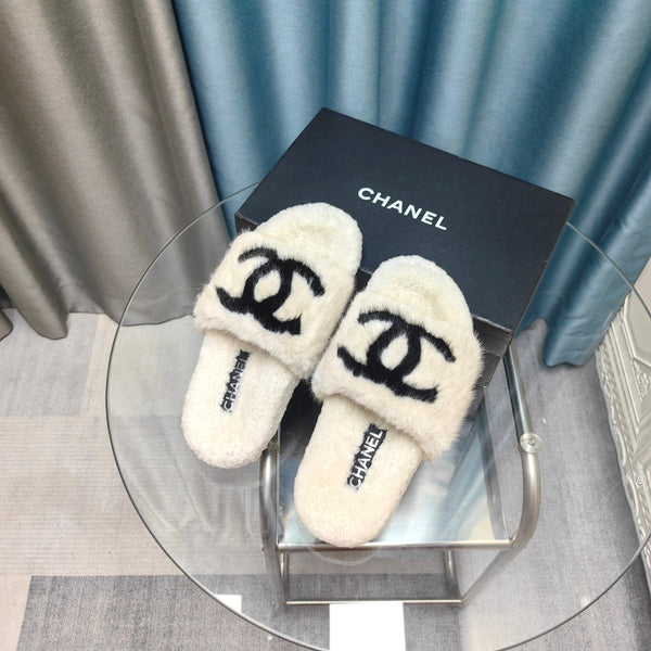 CC Slippers White Black Text Fleece Wool