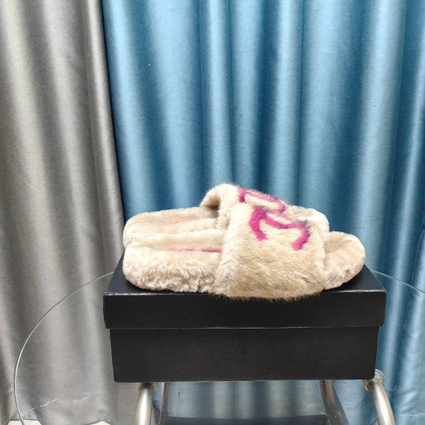 CC Slippers Beige Pink Text Fleece Wool