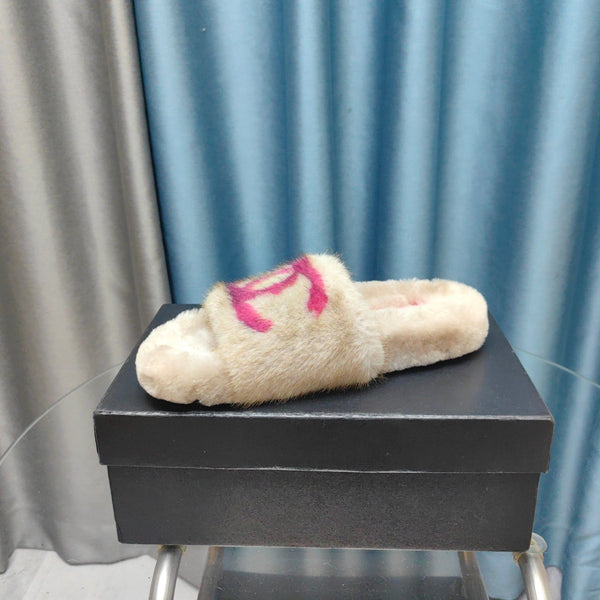 CC Slippers Beige Pink Text Fleece Wool
