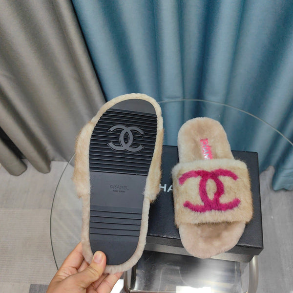 CC Slippers Beige Pink Text Fleece Wool
