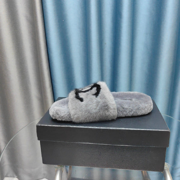 CC Slippers Grey Black Text Fleece Wool