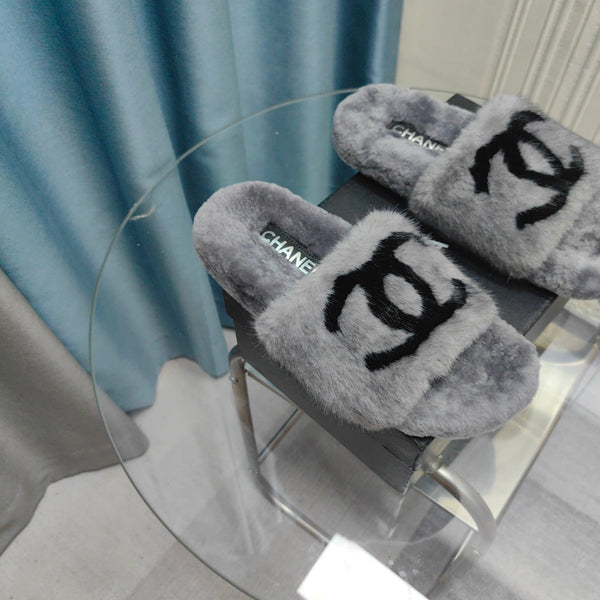 CC Slippers Grey Black Text Fleece Wool