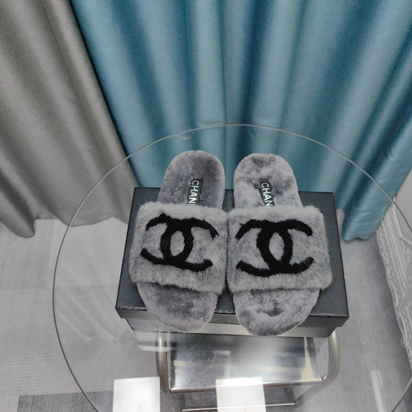 CC Slippers Grey Black Text Fleece Wool