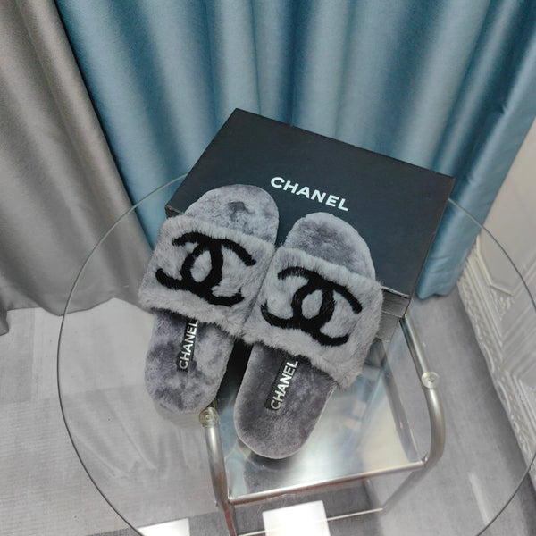 CC Slippers Grey Black Text Fleece Wool