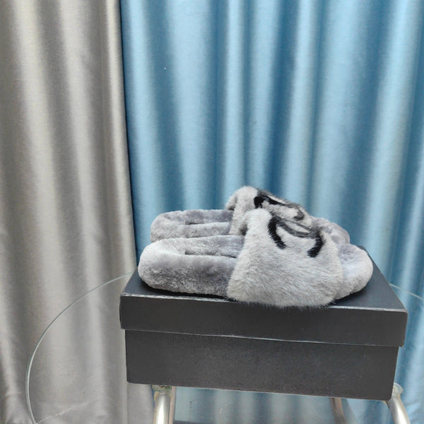 CC Slippers Grey Black Text Fleece Wool