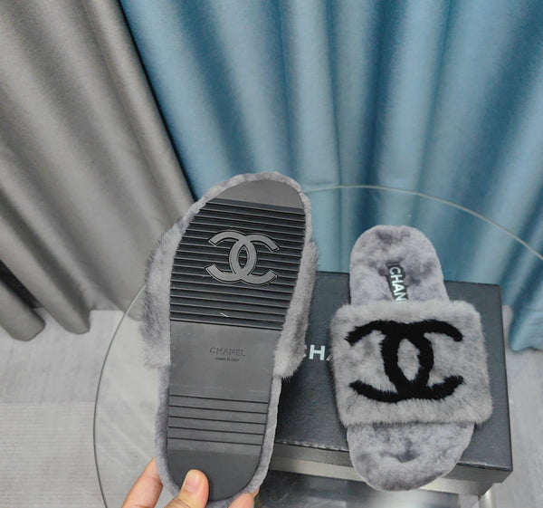 CC Slippers Grey Black Text Fleece Wool