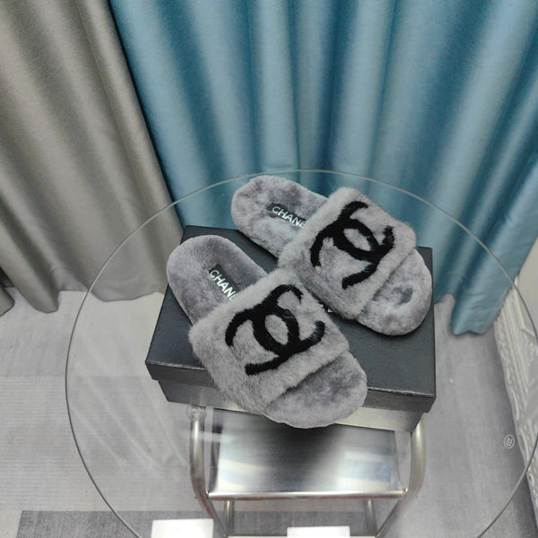CC Slippers Grey Black Text Fleece Wool