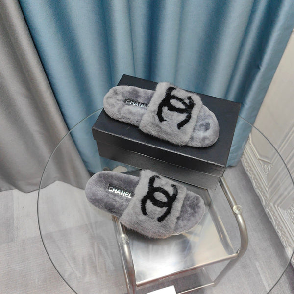 CC Slippers Grey Black Text Fleece Wool