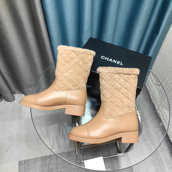 CC Short Boots Beige Suede Lining Wool And Lambskin