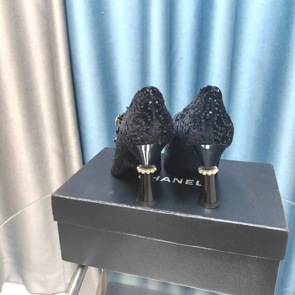 CC High Mary Janes in tessuto con perline nere e pelle di agnello