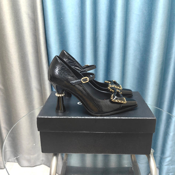 CC High Mary Janes Black Bow Wrinkled Lambskin