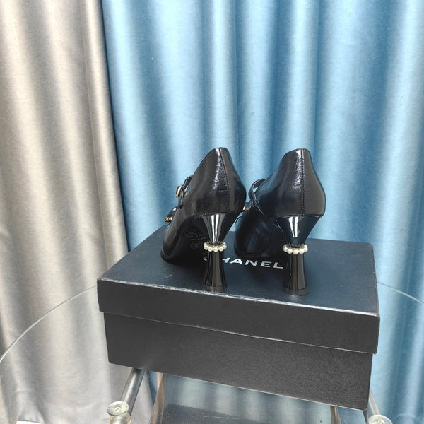 CC High Mary Janes Black Bow Wrinkled Lambskin