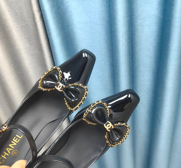 CC High Mary Janes Black Bow Wrinkled Lambskin