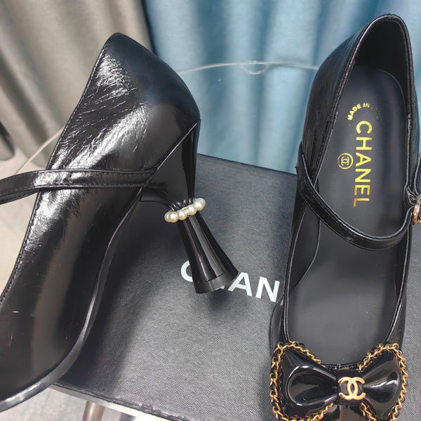 CC High Mary Janes Black Bow Wrinkled Lambskin