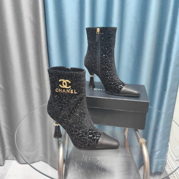CC Ankle Boots Black Beaded Fabric And Cowhide