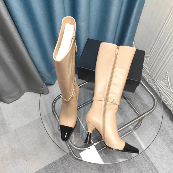 Stivali alti CC in pelle di vacchetta e agnello beige