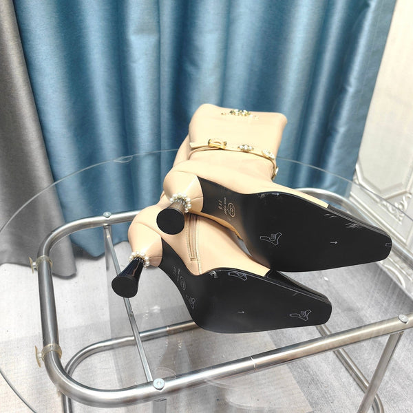 Stivali alti CC in pelle di vacchetta e agnello beige