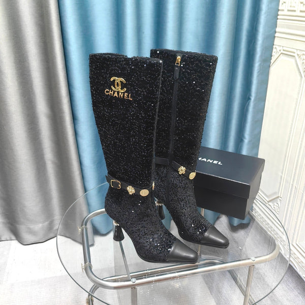 CC High Boots Black Beaded Fabric And Cowhide