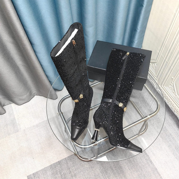 CC High Boots Black Beaded Fabric And Cowhide