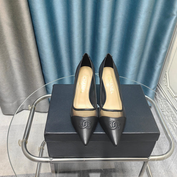 CC Pumps 50 Black Mesh Leather Pointed Toe
