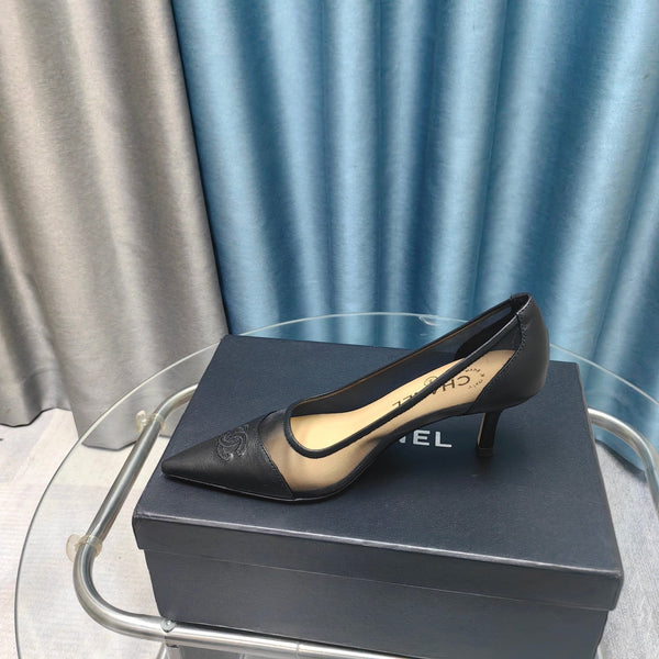 CC Pumps 50 Black Mesh Leather Pointed Toe