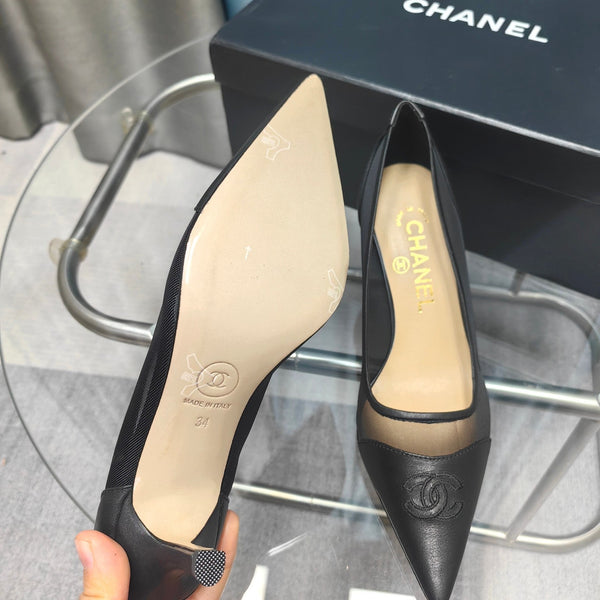 CC Pumps 50 Black Mesh Leather Pointed Toe