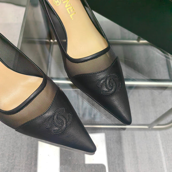 CC Pumps 50 Black Mesh Leather Pointed Toe