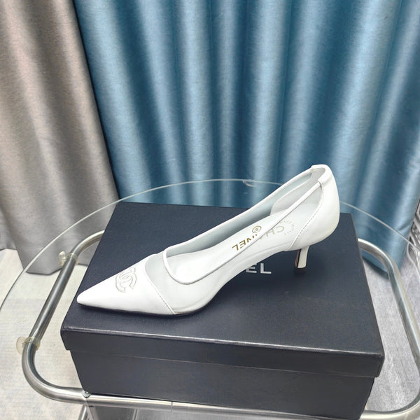 CC Pumps 50 White Mesh Leather Pointed Toe