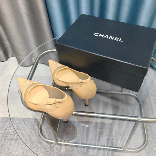 CC Pumps 50 Beige Mesh Leather Pointed Toe
