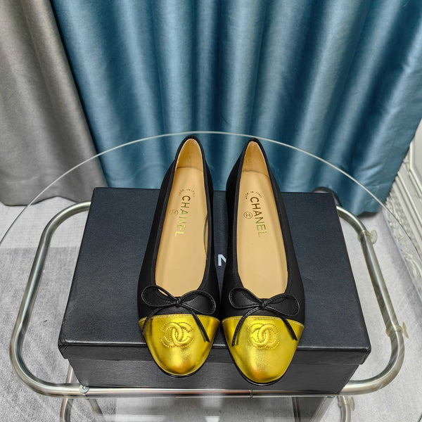 CC 25P Ballet Flat Black Calfskin Yellow Patent Calfskin