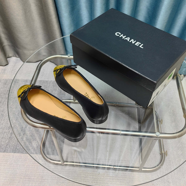CC 25P Ballet Flat Black Calfskin Yellow Patent Calfskin